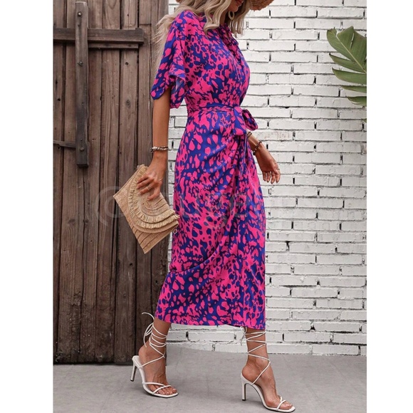 Spotted All Over Print Button Through Tie Belt Ruched Maxi Shirt Dress Blue Pink - Picture 3 of 10